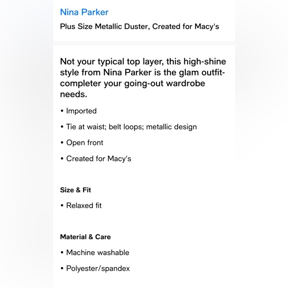 Nina Parker Metallic Duster Sz 0X (12W) Color Gold NWT - Picture 3 of 4